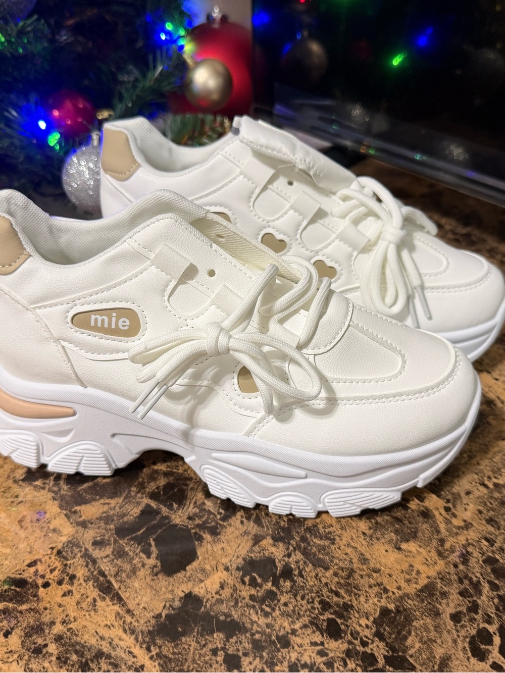 MIE Women's Chunky Platform Sneakers in Off-White with Beige Accents